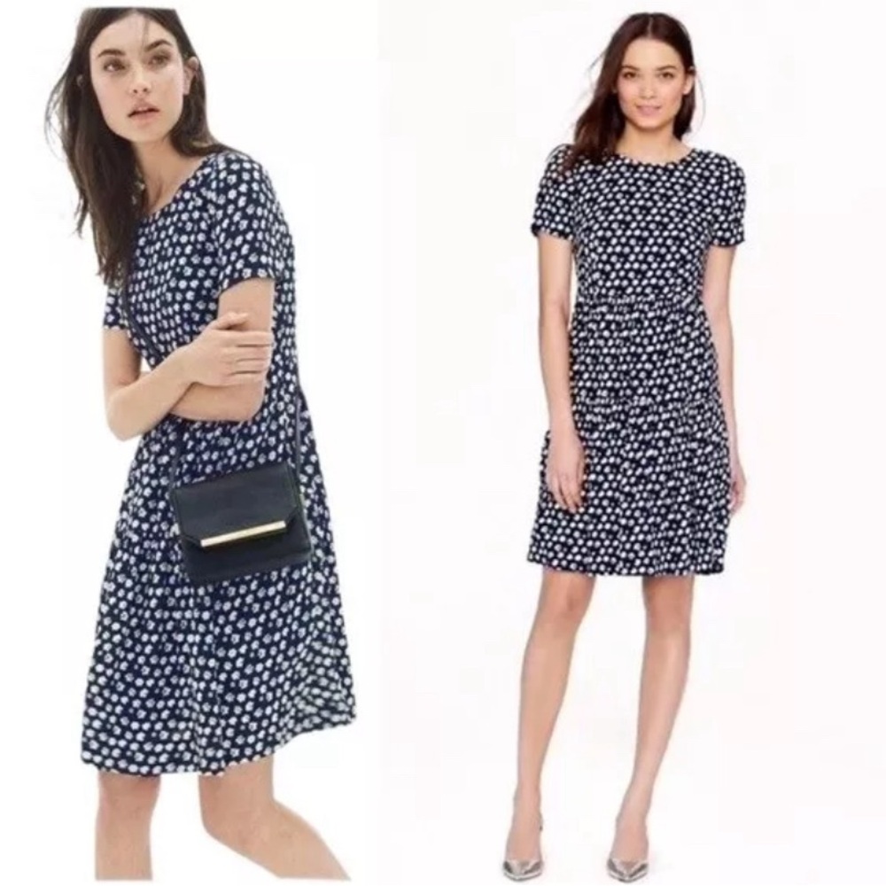J CREW Navy Blue White Blurred Floral Tiered Short Sleeve Dress Size 00